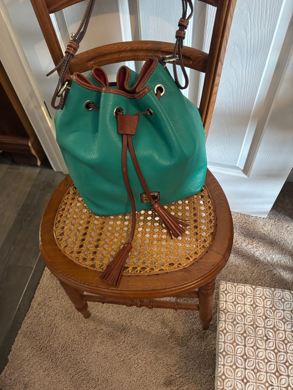 Dooney & Bourke Teal Bucket Crossbody with Brown Trim